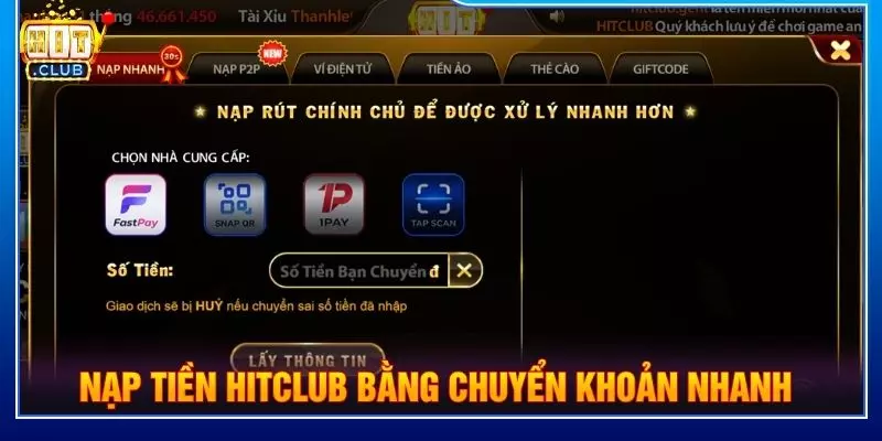 Nạp tiền Hitclub bằng chuyển khoản nhanh chóng